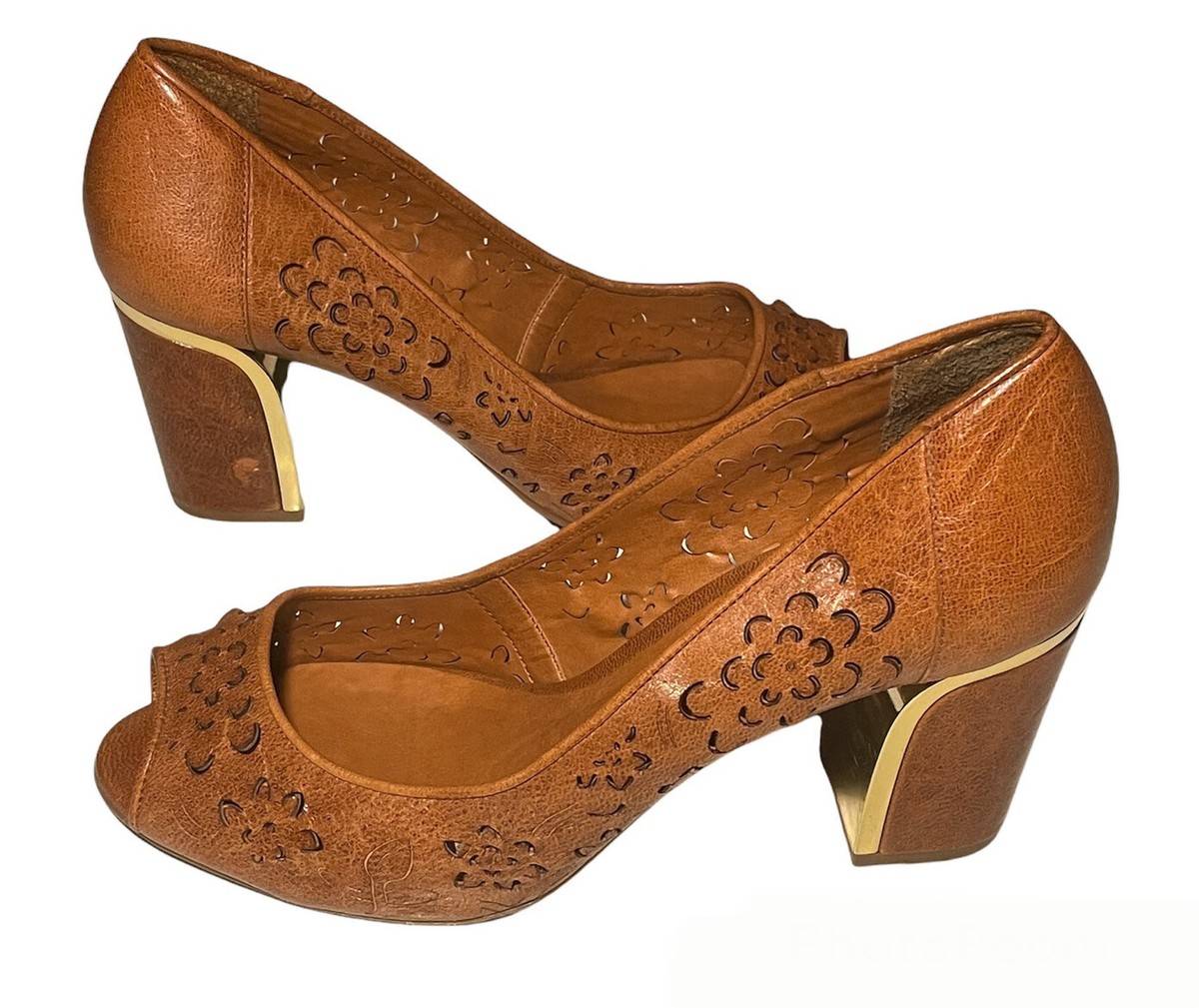 Luz Da Lua Brown Cutout floral Brown Gold Heels shoes Size 10