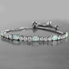 3Ct Oval Cut Fire Opal & Diamond Women's Bolo Bracelet 14K White Gold Finish