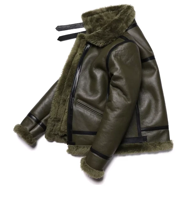 Nueva Chaqueta de Cuero Verde Gruesa Oveja Lana de Oveja Original Piel Ecológica Hombres Foto 2 de 4