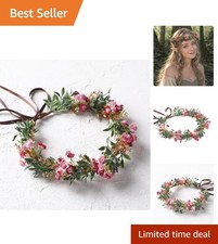 Women Girl Flower Crown, Golden Green Leaves Pink Flower Headband