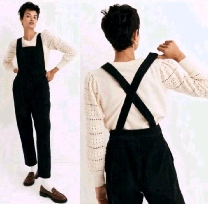 Madewell Black Washed Denim Tapered Overalls Cross Back Zip Up 12 Anthro