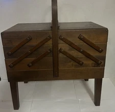 VINTAGE STROMMEN BRUK HAMAR MCM ACCORDION STYLE WOODEN SEWING BOX NORWAY