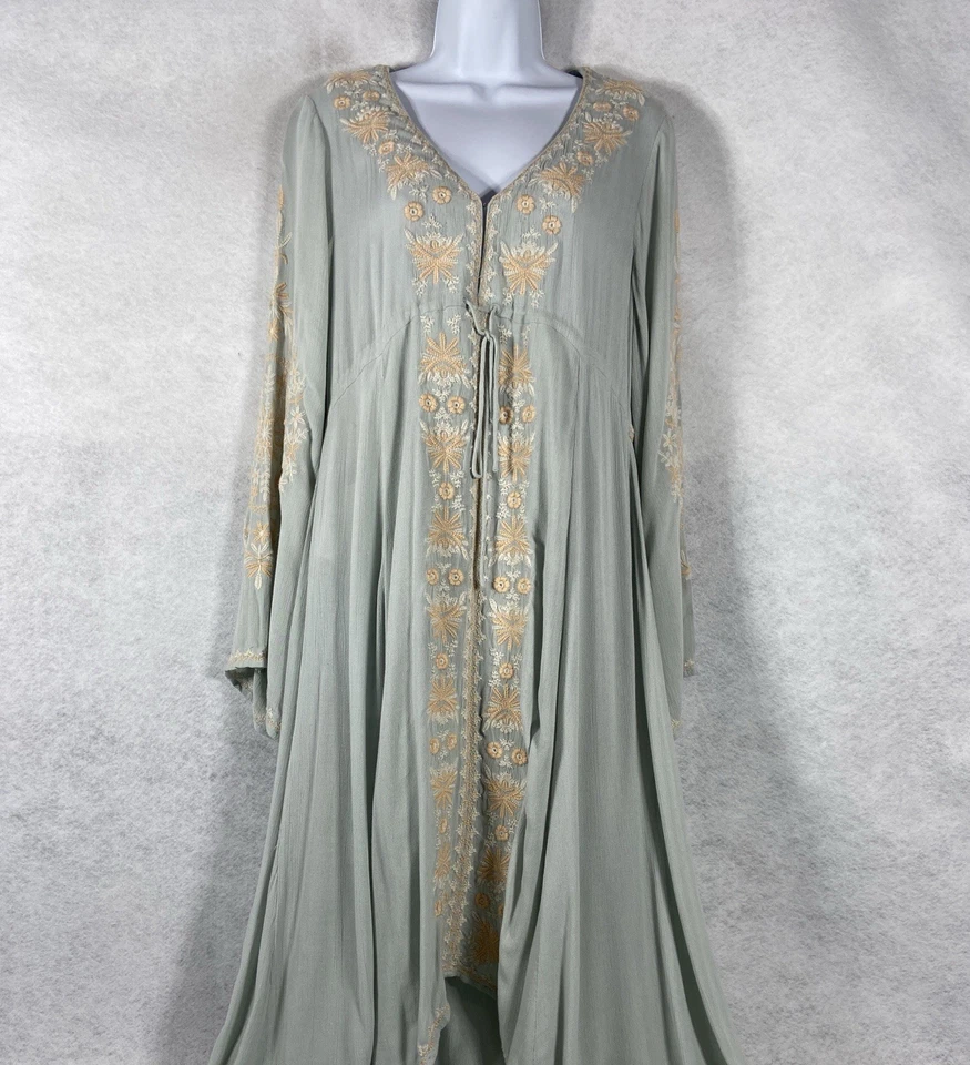 Maxi Vestido Free People Pequeño Verde Cintura Alta Bordado Manga Campana Boho Foto 2 de 4