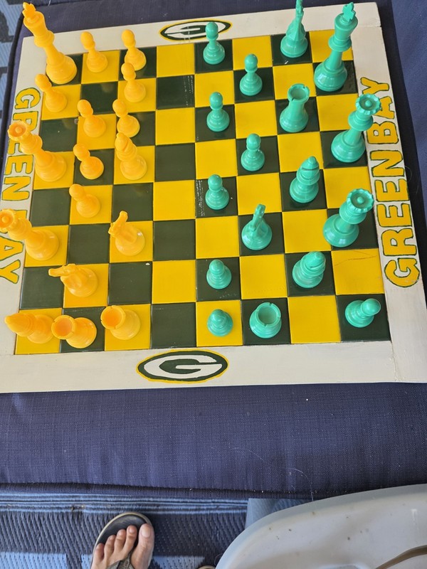 Green Bay Packers Homemade Chess Set Board  w/ Green & Yellow Plastic Pieces