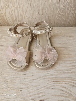 Girls Beige Pink Pearl Bow Hook & Loop Straps Flat Open Toe Sandals EU 27