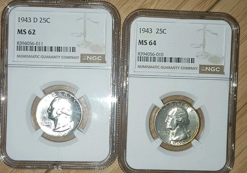 SILVER!! 1943 MS64 + 1943D MS62 NGC Graded Washington Silver Quarters BU Mint