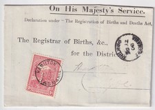 TASMANIA  1908: PELHAM cds on OPSO document to HAMILTON w/1d Pictorial perf T