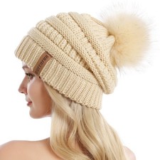 Women Knit Slouchy Beanie Chunky Baggy Hat with Faux Fur Pompom Winter Soft W...