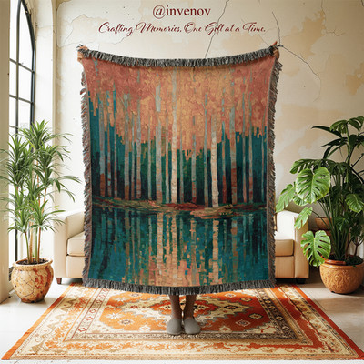 Abstract Birch Forest Woven Blanket, Autumn Lake Reflection Throw, Jacquard