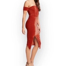 Velvet Off Shoulder Midi Dress Rusty Orange Size L Whimsy Sexy Goth Bodycon