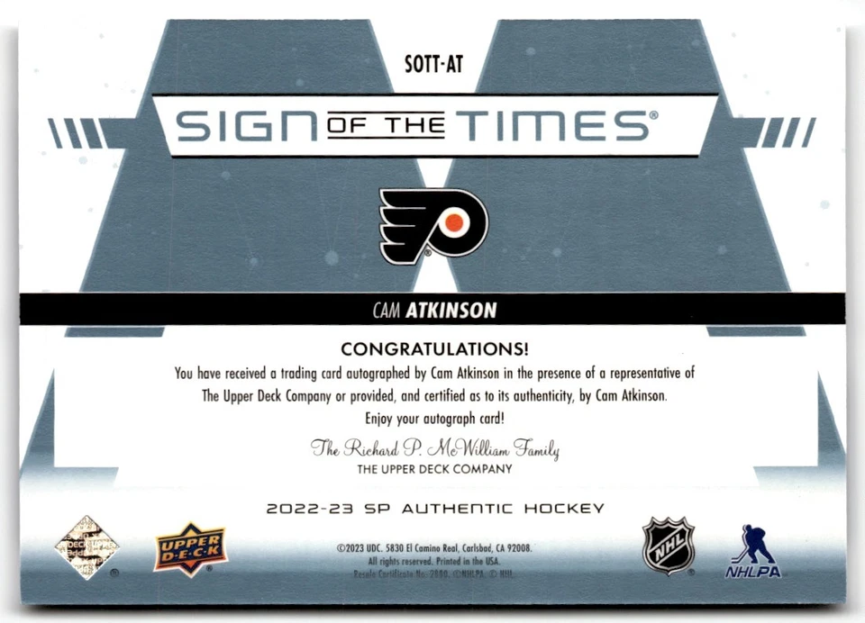 2022-23 SP Authentic Sign of the Times Cam Atkinson Auto #SOTT-AT Philadelphia - Image 2 of 2