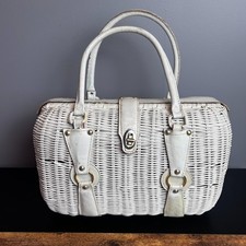 Vintage White Plastic Wicker Basket Weave Top Handle Purse Hong Kong READ