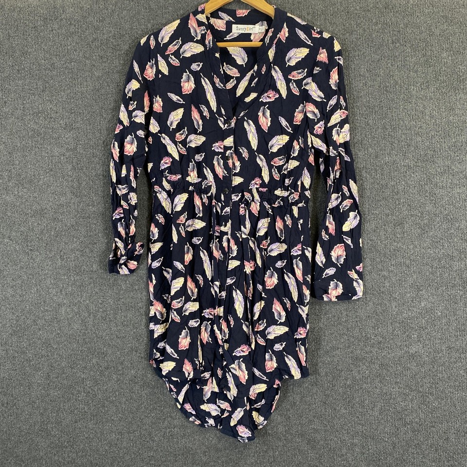 Sunny Girl Dress Womens 10 Blue Nature Print Shirt Dress Mini Colourful Ladies