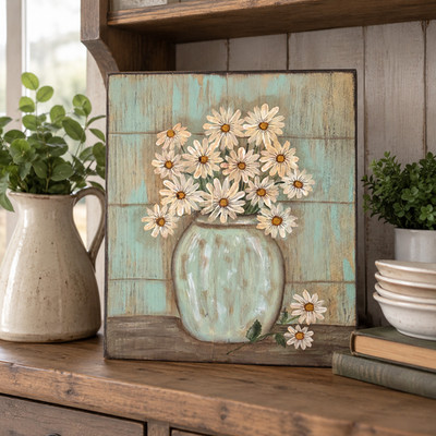 Primitive Daisy Floral Vase Hand Painted Reclaimed Wood Folk Art Wall Decor
