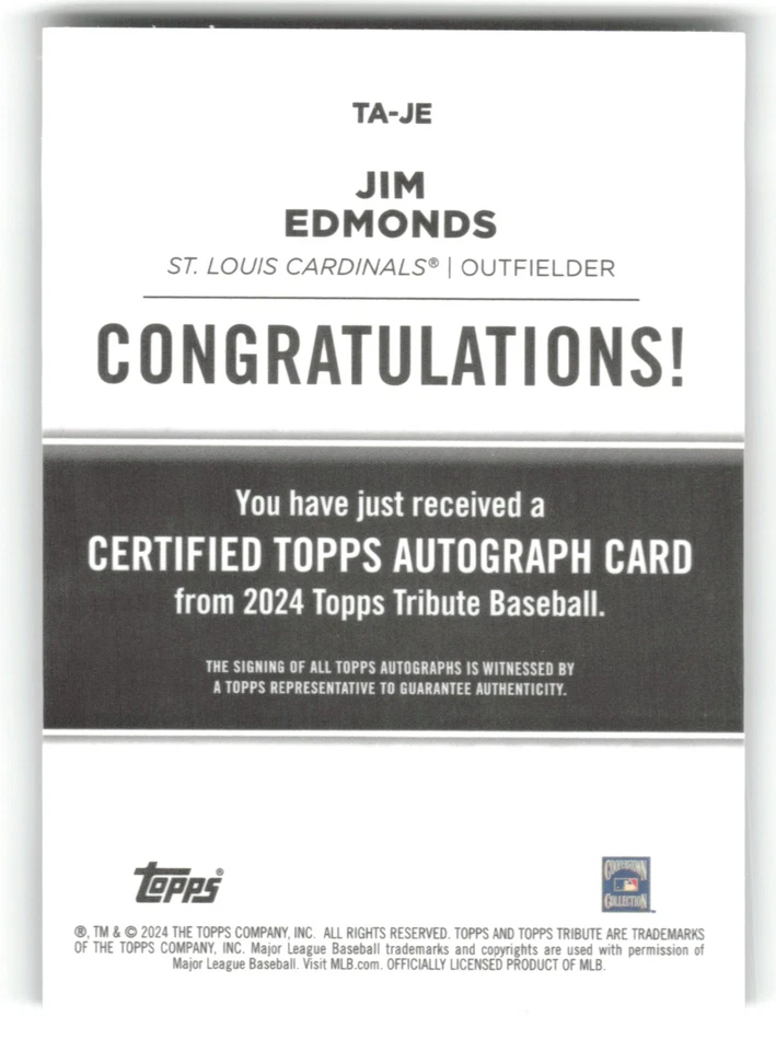 2024 Topps Tribute #TA-JE Jim Edmonds Tribute Autographs #/199 - Image 2 of 2