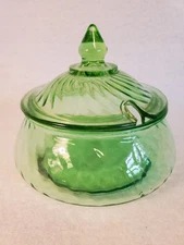 Green Depression Uranium Hocking Glass Spiral Preserve Jar Slotted Lid