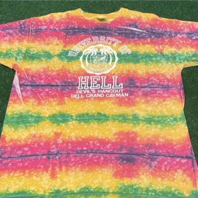 Vintage 90s University Of Hell Graduate Cayman Humor Tie Dye VTG Shirt Mens XXL
