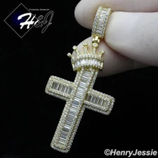 925 STERLING SILVER ICY BLING CUBIC ZIRCONIA GOLD PLATED CROWN CROSS PENDANT*287