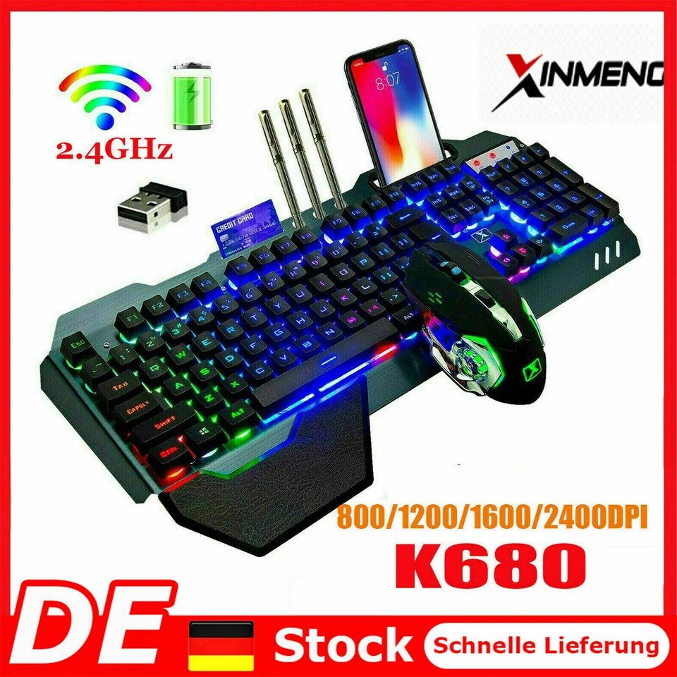 Wireless Gaming Tastatur Maus Set 2.4G Hz Funk LED Beleuchtet für PC Laptop PS4