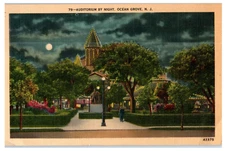 Postcard NJ Ocean Grove Auditorium By Night Moon Streetlights Evening Linen