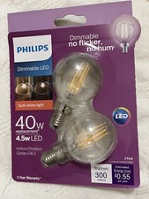 Philips Dimmable LED Soft White Light 40W replacement 4.5w LED Globe G16.5 2 ct