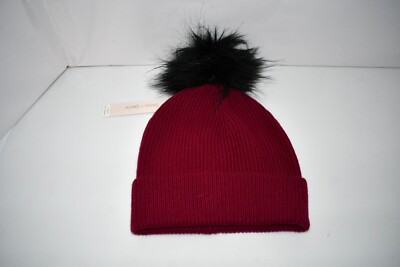 SASSO + SMYTH Ribbed Cuff Faux Fur Pom Beanie in Wine NWT