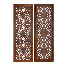 Benjara 2 Piece Mango Wood Wall Panel Set with Mendallion Carving, Burnt Brown