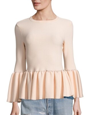  JONATHAN SIMKHAI Pale Peach Pink Slashed Knit Bell Sleeve Peplum Top M