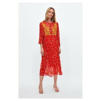 Zara women's M/L Red Flowy Embroidered Dress button pullover lightweight sheer