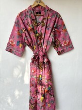 Indian Cotton Robe Long Kimono Sleepwear Pink Bird Printed Night Kimono Robe