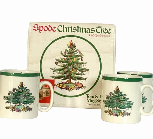 Spode Christmas Tree Tom and Jerry Mugs Set of 4 in Original Box Vintage