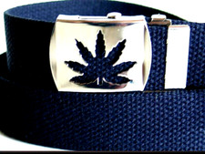 Canvas Navy 56" x 1 1/4" MILITARY Style Web Fabric Belt Marijuana Leaf Buckle