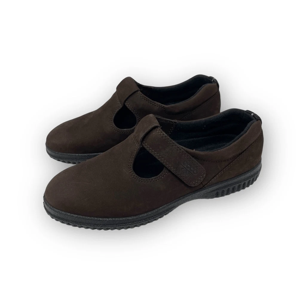 Mocassini Ecco morbidi in pelle nabuk marrone con cinturino a T da donna taglia 38 EU 7 7 5 US