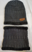 Song Ting Dark Gray & Black Knitted Beanie Hat & Neck Warmer Scarf Set New