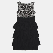 Maggy London Lace Tiered Pleated Skirt Black White Dress Size 8 Flapper Romantic