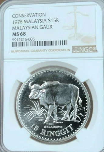 1976 MALAYSIA SILVER 15 RINGGIT MALAYSIAN GAUR NGC MS 68 HIGH GRADE BEAUTY