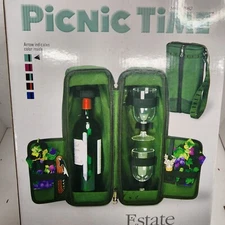 PICNIC TIME, GREEN WINE TOTE, 2 GLASSES, CORK SCREW, STOPPER, 2 FLOURAL NAPKINS