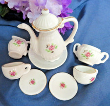 Vintage Child Doll Tea Set 9 pc 1 to 2" Pink roses Porcelain 24k Gold trim 1950