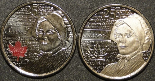 BU UNC Canada 2013 Laura Secord 25 cent quarter red color & no color 2 coins set