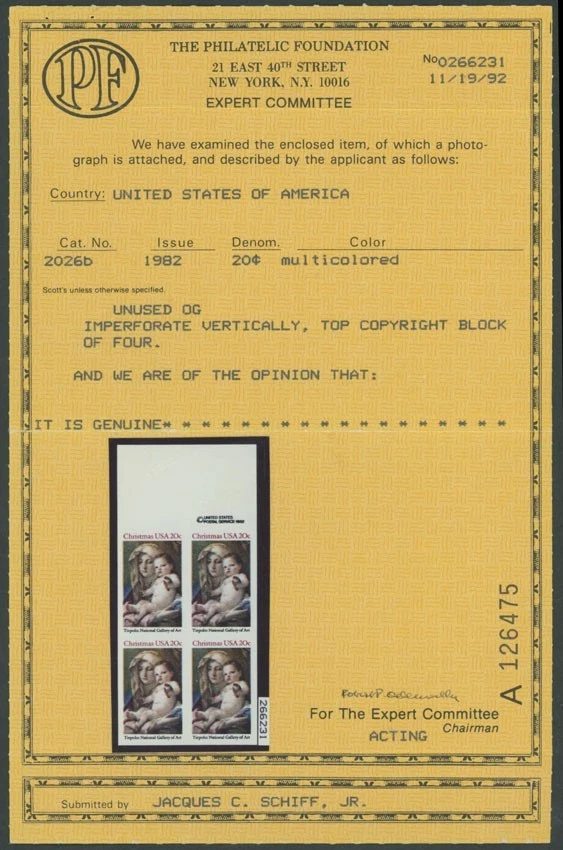 1982, USA CHRISTMAS 20C, TOP MARGIN BLOCK OF 4, IMPERF VERTICALLY, NH, SC#2025b - Image 3 of 3