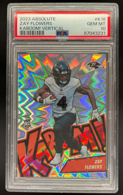 2023 ABSOLUTE ZAY FLOWERS RC ROOKIE KABOOM! VERTICAL SSP CASE HIT PSA 10 GEM MT