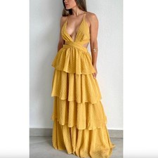 NWT Nikki Lund Boho Tiered Maxi Dress Mustard Yellow Cut-Out Medium
