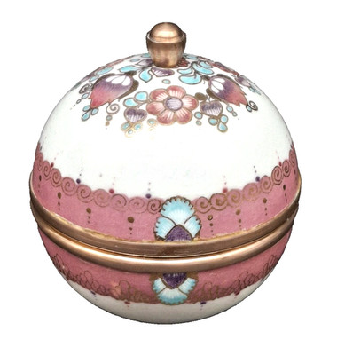 VTG Austrian Trinket Box Ball Shape Floral Steinbock Brass Knob Trim Pink 2.5''  