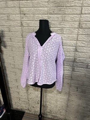 Anthem Lilac Eyelet Botton-Up Top 100% Cotton Sz Small Spring Summer Long Sleeve
