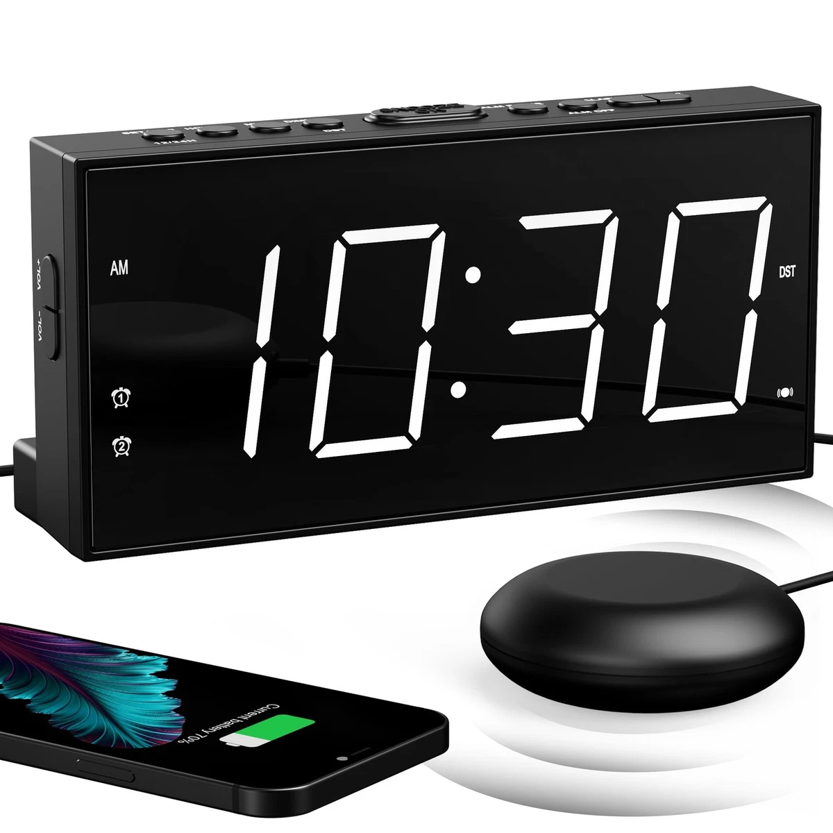 Sveglia Vibrante Digitale Per Non Udenti E Dormiglioni - Led, Snooze, 2 Allarmi - Rosa (10,5x9,3 Cm)