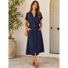 Lucky Brand Linen Blend Utility Midi Dress Navy Belted Button Front M