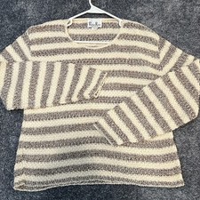 Reba Rose Women Medium Brown Cream Striped Cotton Knit Sweater Made in USA
