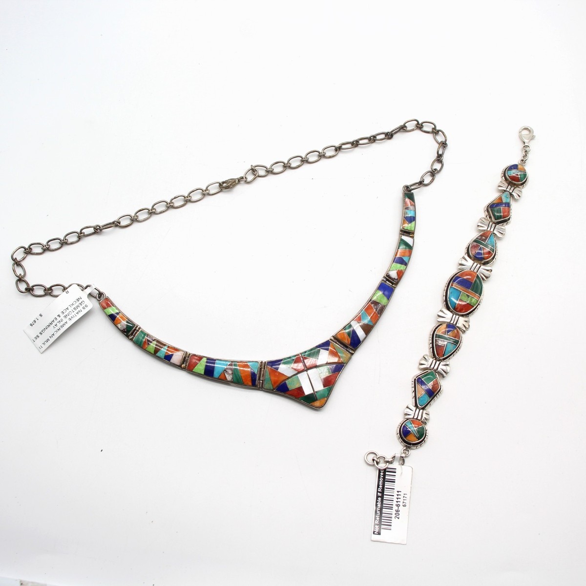 Native American Sterling Multi-Color Inlay Necklace & Bracelet Lot of 2 SW-387 View 2
