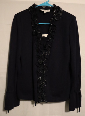 St. John Evening Black with Illusion Ruffles Trim with Silver Accents Made USA