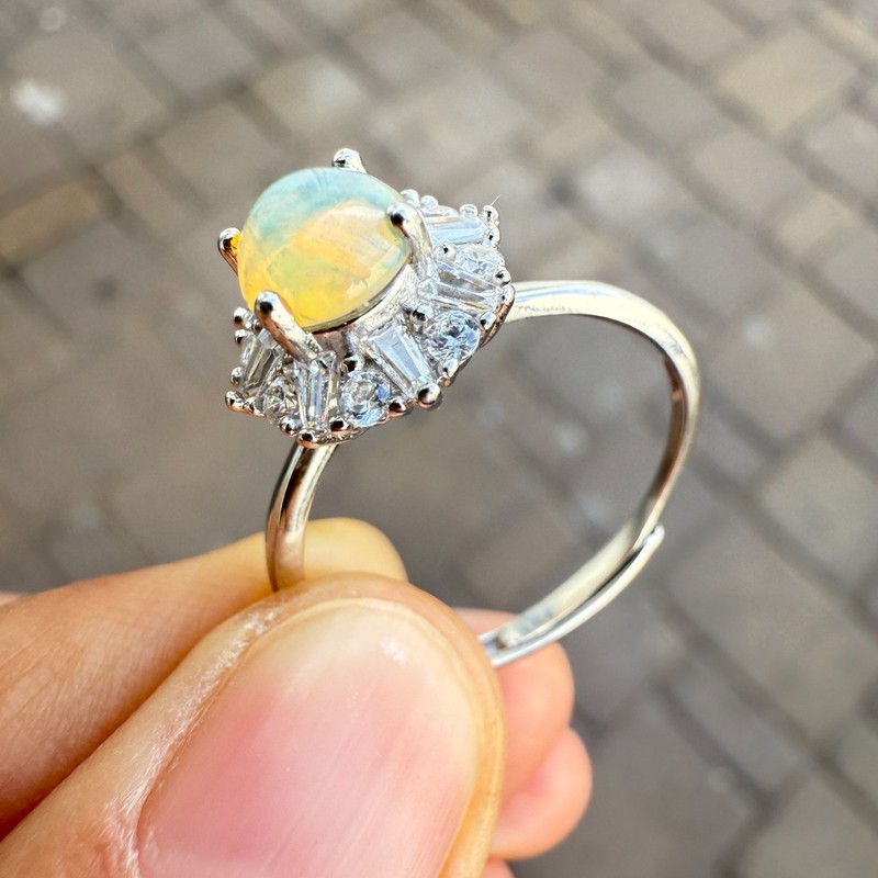 925 Sterling Silver Ring 6mm Natural Opal Gemstone Zircon Flower Jewelry Cute